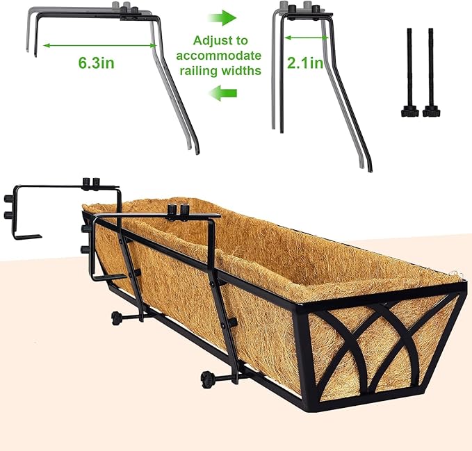 30 Inch 2 Pack Railing Planter with Adjustable Brackets, Window Box with Coco Liner, Hanging Metal Flower Box for Balcony Deck Fence Porch, Black