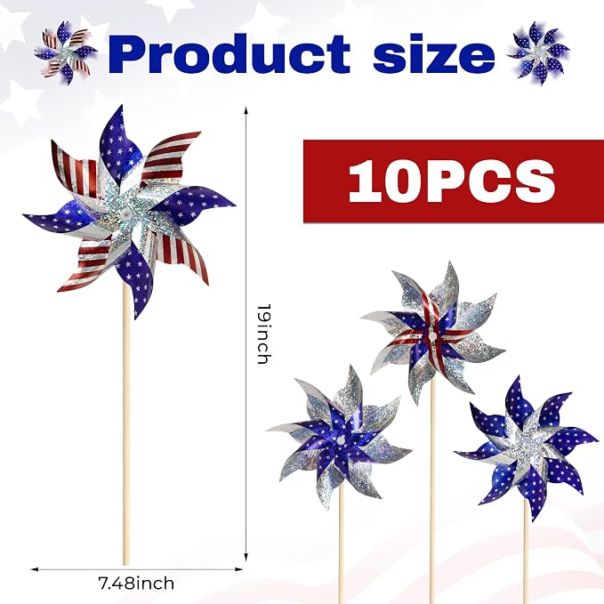 HOOSUN 10 Pcs 4th of July Pinwheels for Yard and Garden 4th of July Decorations,American Flag Patriotic Pinwheels to Scare Birds Away,Red White Blue Reflective Wind Spinners,Memorial Day Decorations