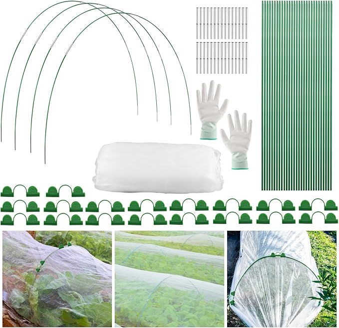 Garden Netting Kit for Raised Beds, 10x30FT Ultra Fine Mesh Netting, 36pcs Greenhouse Hoops 8ft Tunnel, Detachable Hoop House Frame for Row Cover, Bird Netting, Plant Covers