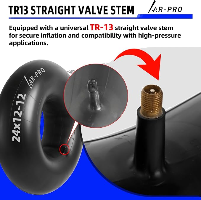 AR-PRO Relacement 24x12-12 Heavy-Duty Inner Tubes for ATV, Lawn Tractor, Mowers, Golf Cart, Snow Blowers, and More - With TR13 Straight Valve Stems - Made from Durable Butyl Rubber (2-Pack)