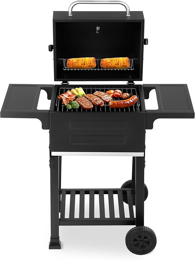 Small Charcoal Grill, 200.82 Sq.In Outdoor BBQ Grill with Side Tables, Built-in Thermometer, 3-Level Adjustable Charcoal Pan, Removable Ash Tray, Compact Patio Grill with Wheels