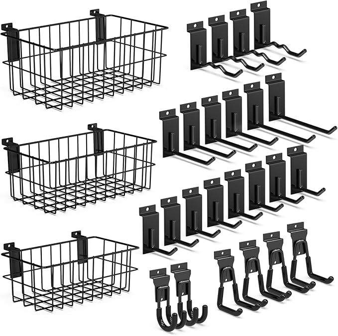 3-H Slatwall Accessories 24 Pack and Slatwall Baskets 3 Pack, Slatwall Wave Hooks & Hangers Multi Sizes for Use in Garage, Workshop, Store, and Studio for Organization and Display