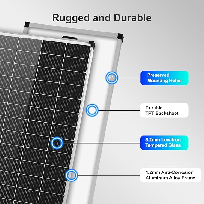 Solar Panels N-Type 16BB 200W Solar Panel, 200 Watt Solar Panel 18V A+ Monocrystalline Cell 25% High Efficiency, for RV Van Marine Home Rooftop Off-Grid Systems (52.4" x 30.1", Single Silver)