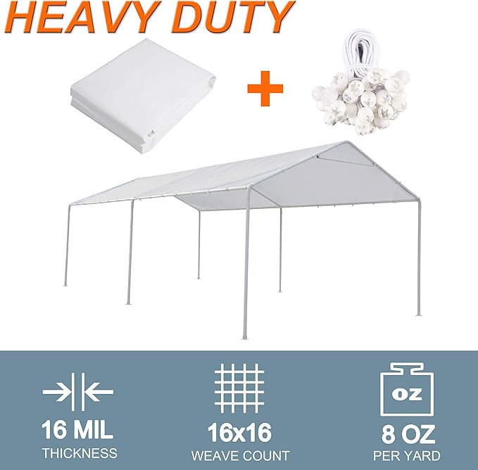 Thanaddo 10 x 20 Ft Carport Replacement Canopy Cover Garage Top Tent Shelter Tarp with Free 44 Ball Bungee Cords,White(Only Cover, Frame Not Include) (10x20 White)