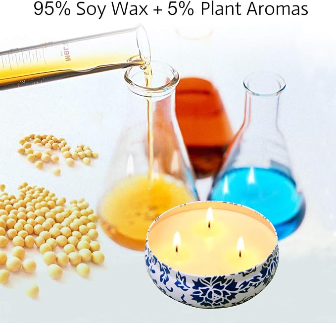 Hausware Citronella Candles Outdoor & Indoor - Large 13.5 oz Scented Candles Set 3 Pack Natural Soy Wax citronella Candles for Garden Patio Yard Home Balcony Camping Backyard (Light Blue)