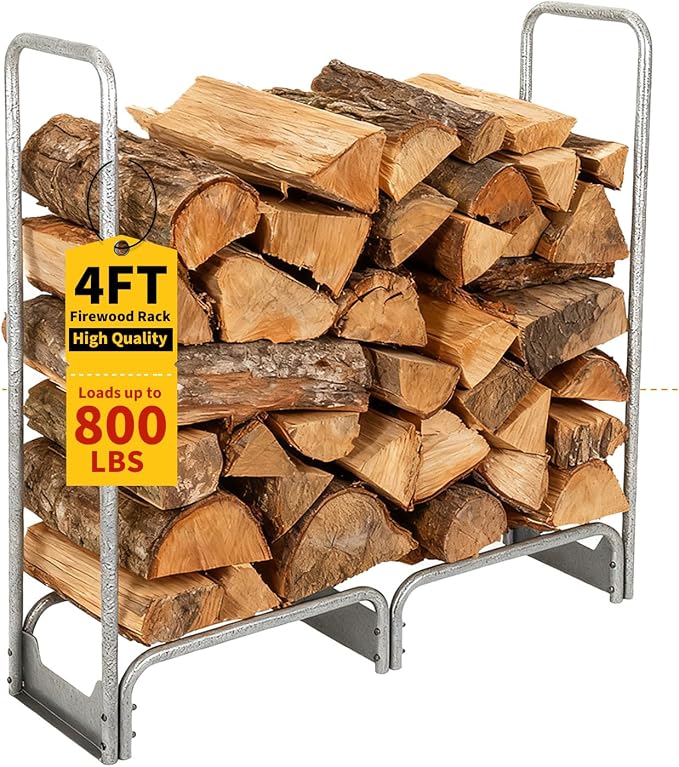 PeakPursuit 4FT Firewood Rack with 600d Oxford Waterproof Cover, Heavy Duty Indoor/Outdoor Steel Log Storage Rack - Wood Pile Holder Stacker Organizer for Fireplace, Patio, Fire Pit, Backyard