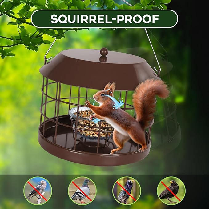 Gbekery Caged Bluebird Feeder for Mealworms with Glass Bowl, Squirrel Proof Bird Feeder for Small Birds Only, Detachable Hook, Large Space, Outdoors Weatherproof, Metal, Brown