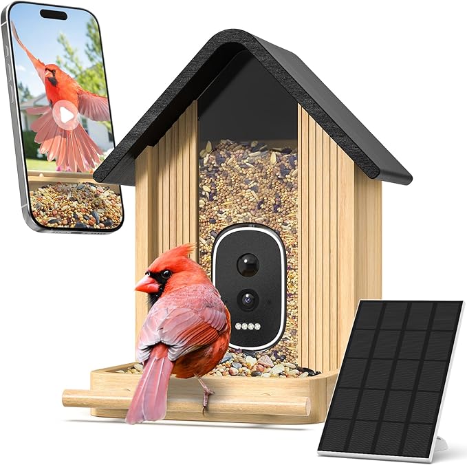 Smart Bird Feeder Camera with Solar Panel (Bamboo), 2.5K UHD AI Identification, Real-time Videos & Pictures, Wireless Solar Powered Outdoor, Ideal Garden Decor & Bird Watcher, Gift for Mom