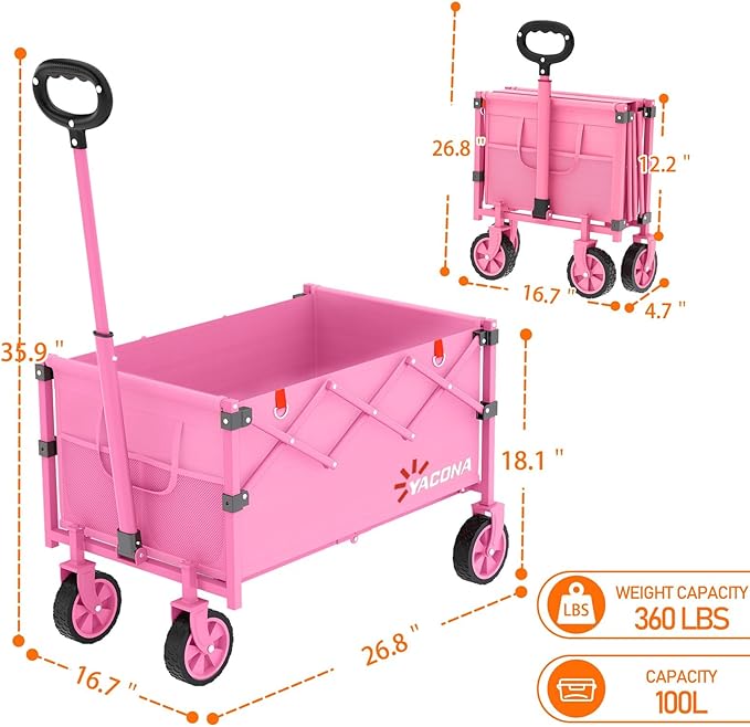 Yozoia Wagons Carts Foldable, Lightweight Portable Utility Shopping Cart with Wheels, Folding Grocery Wagon Cart for Grocery, Camping, Shopping, Beach, Garden, Sports Pink