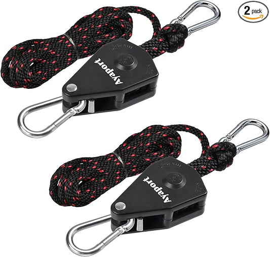 Ayaport Adjustable Rope Hanger Grow Light Hanger, 14Ft 3/8" Heavy Duty Plant Pulley Rope Tightener Ratchet Tie Down for Kayak, Tent Tie Downs, 2 Pack