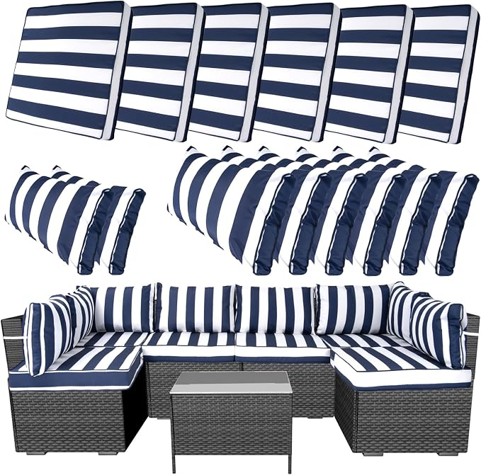14 Piece Outdoor Furniture Replacement Cushions, Cover+Filling, 25.6" x 25.6" x 4" Foam Waterproof Outdoor Sofa Cushion Sets, Fit Wicker Rattan Sectional Conversation Set, Blue White Stripe
