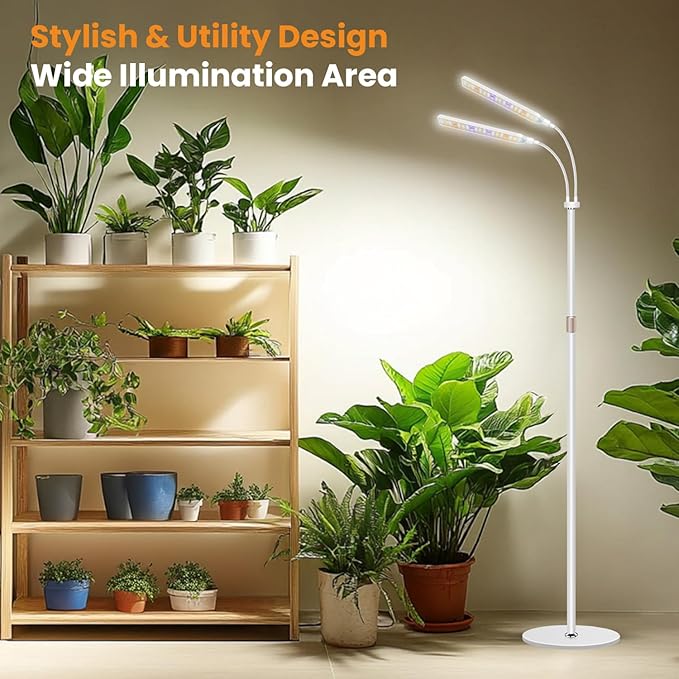 Kullsinss Grow Lights for Indoor Plants with Stand, 2-Heads Full Specturm Plant Grow Light with 4/8/12/16H Timer, 3 Color Modes, 360° Flexible Gooseneck, 24-68.7in Hight Adjustable Plant Growing Lamp
