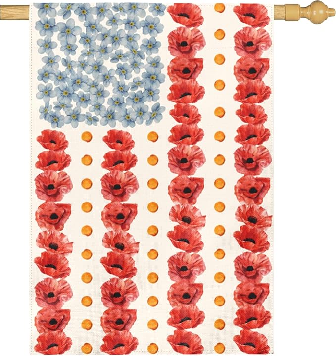 Large Patriotic Poppy House Flag American Flag Floral Gargen Flags Outdoor Double Sided Memorial Day Independence Day Fourth of July Oversized Yard Banner All Season Decor 28 x 40 Inch