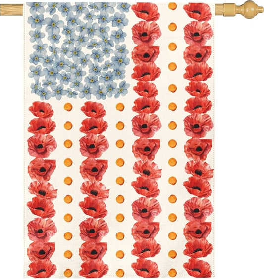 Large Patriotic Poppy House Flag American Flag Floral Gargen Flags Outdoor Double Sided Memorial Day Independence Day Fourth of July Oversized Yard Banner All Season Decor 28 x 40 Inch
