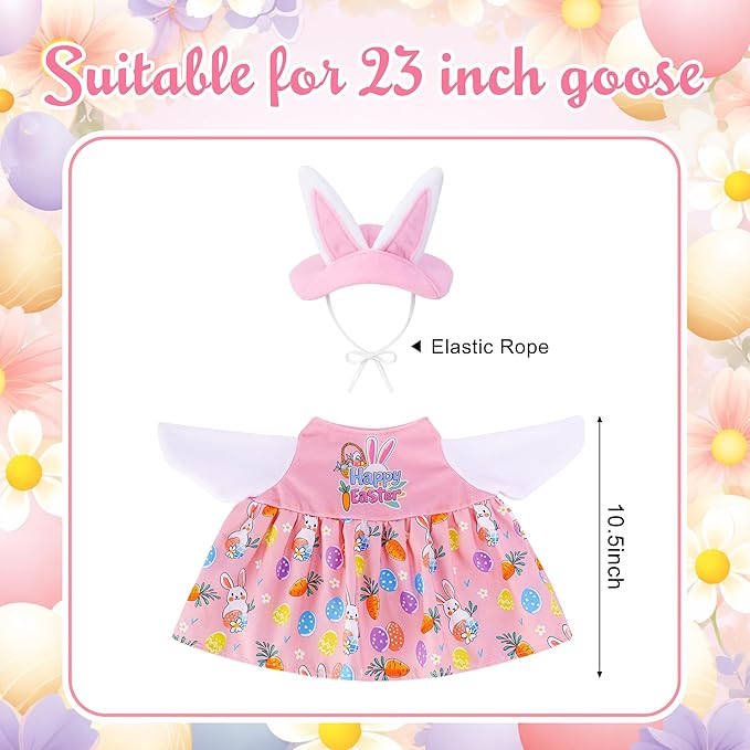Watayo 2 Pcs/Set Easter Bunny Porch Goose Outfits, Spring Easter Rabbit Lawn Goose Clothing Costume, Garden Goose Clothes Pink Dress and Bunny Ears Hat for 23" High Statue Outdoor Patio Yard Decor