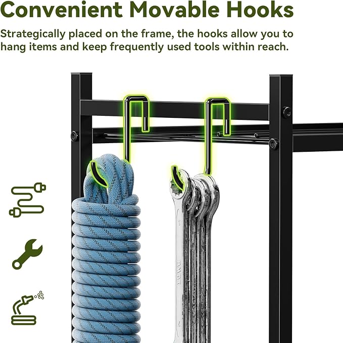 Garden Tool Organizer, Yard Tool Holder Rack with Hooks and Pockets, Rolling Heavy Duty Metal Garage Tool Storage Cart for Outdoor, Black