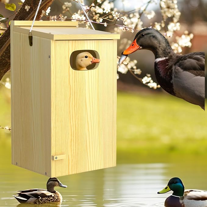 Duck House, Solid Wood Duck Houses for Outside, Included Hanging Rope, Outdoor Duck Nesting Box for Pond, 22" H x 10" D x 10" W, Nesting Pads Not Included