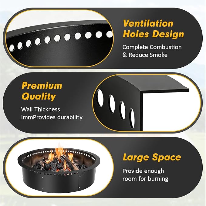 Smokeless Fire Pit Ring, 32 inch Outer/28 inch Inner Outside Fire Pit, Heavy Duty Large Solid Metal Steel Round Firepit Rim Insert for Outside Wood Burning, DIY Campfire Ring