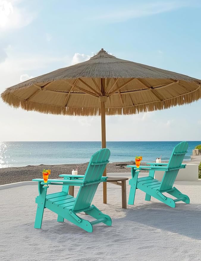 Folding Adirondack Chair Set of 2, Wooden Textured Plastic Adirondack Chairs with 2 Cup Holder, Weather Resistant HDPE Fire Pit Chair, Outdoor Patio Chairs for Garden, Backyard, Lawn, Deck, Lake Blue