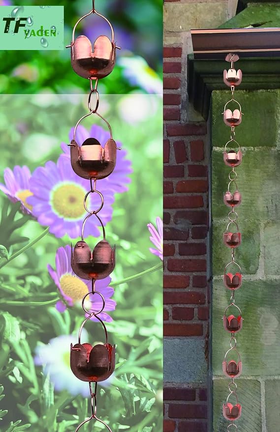 Pure Copper Garden rain Chain-Functional and Decor Replacement for Gutter Downspouts. Decor Rain Chime and Fountain. Lotus Design. One Free Adapter. 8.5 ft Length and 3 in Diameter,TF96325