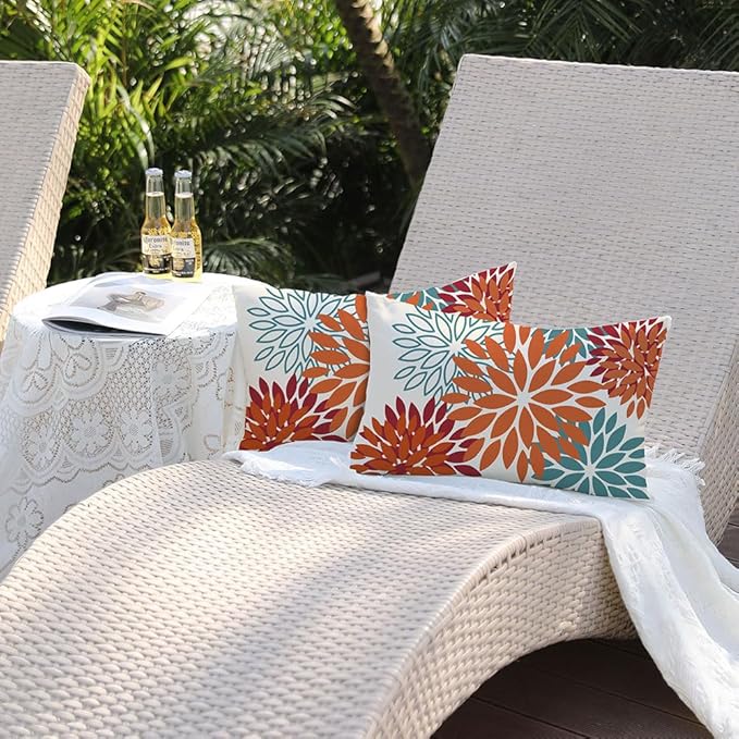 DFXSZ Orange Teal Red Flower Pillow Covers 12x20 Inch Set of 2 Fall Throw Pillows Outdoor Waterproof Decor for Living Room Sofa Patio Funiture Garden Floral Polyester Pillow Covers 002Y12