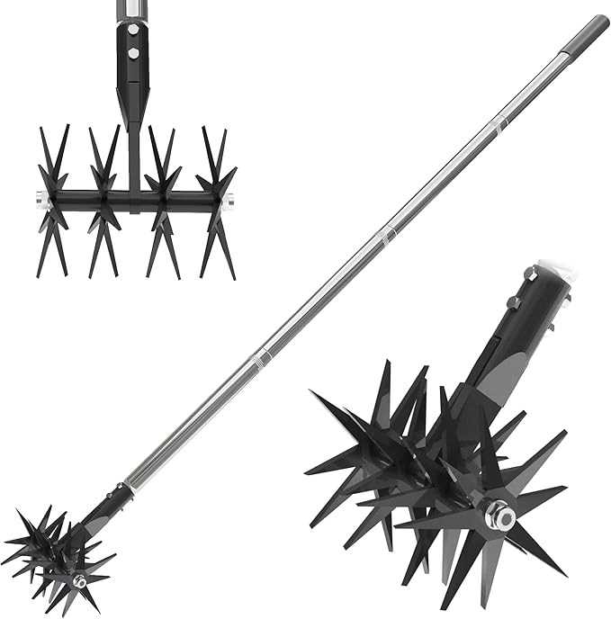 66in Rotary Cultivator with Tempered Spring Steel Tines and Adjustable Stainless Steel Handle Manual Garden Tiller Tool for Loosening Soil Mixing Fertilizer