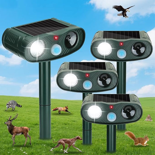 4-Pack Solar Animal Repellent Outdoor: Sonic Fortress Pro Deer Repellent Devices&Ultrasonic Cat Repeller for Yard & Garden, Waterptoof Raccoon Squirrel Deterrent with LED Flash Lights
