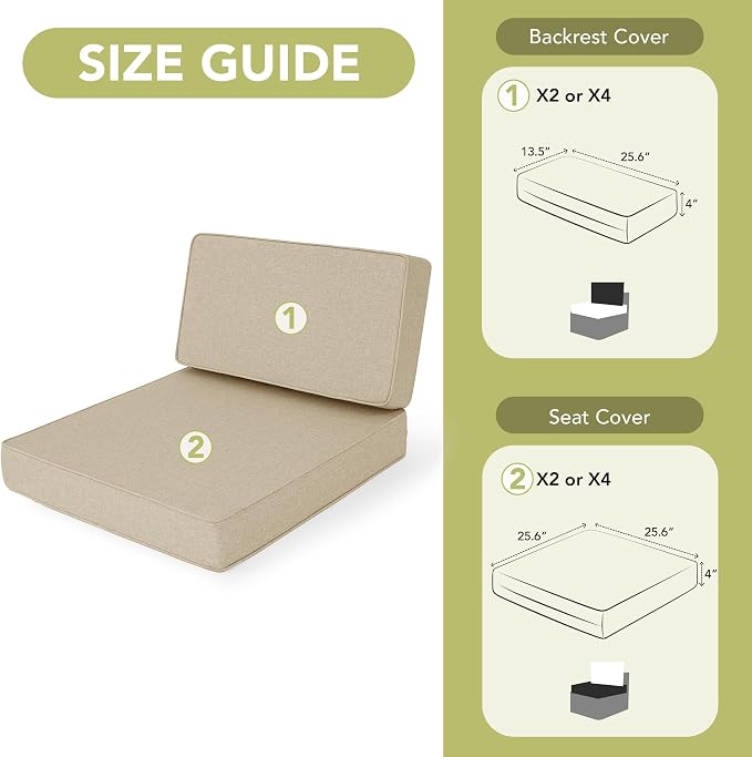 Outdoor Furniture Cushions 25.6x25.6 Inch, Deep Seat Patio Couch Cushions Replacement for Sectional Conversation Set Sofa Loveseat, Fade and Water-Resistant, Removable Cover, Set of 2, Natural