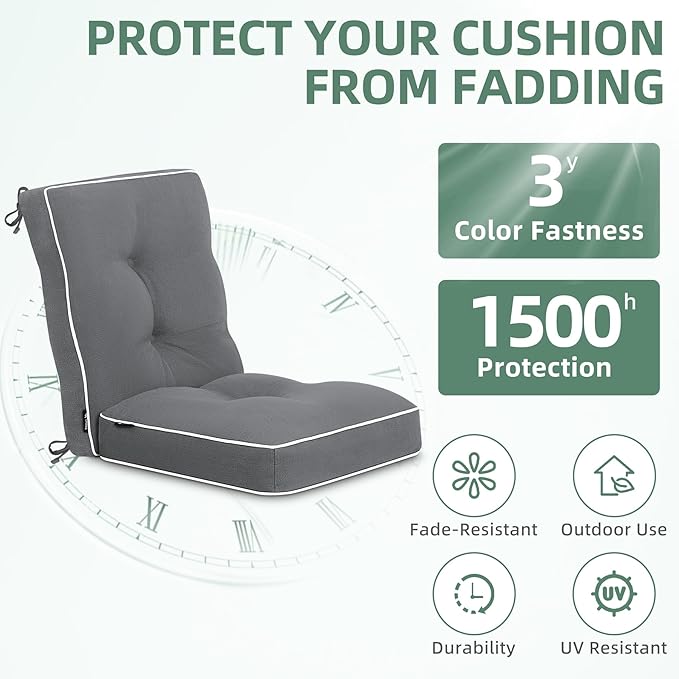 Favoyard Outdoor Rocking Chair Cushion 17 × 17 Inch Water Resistant & 3-Year Color Fastness Patio Chairs Cushions for Rockers Furniture, Set of Seat & Back Thick Tufted Cushion with Tie Straps, Grey