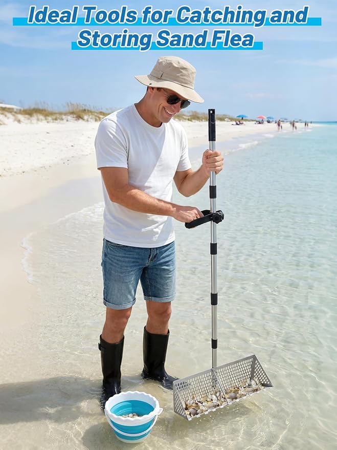 69in Effortless Sand Flea Rake - Stainless Steel Shark Tooth Sifter with Bucket, Sands Sifter Shelling Tools for Beach Metal Detecting Beachcombing