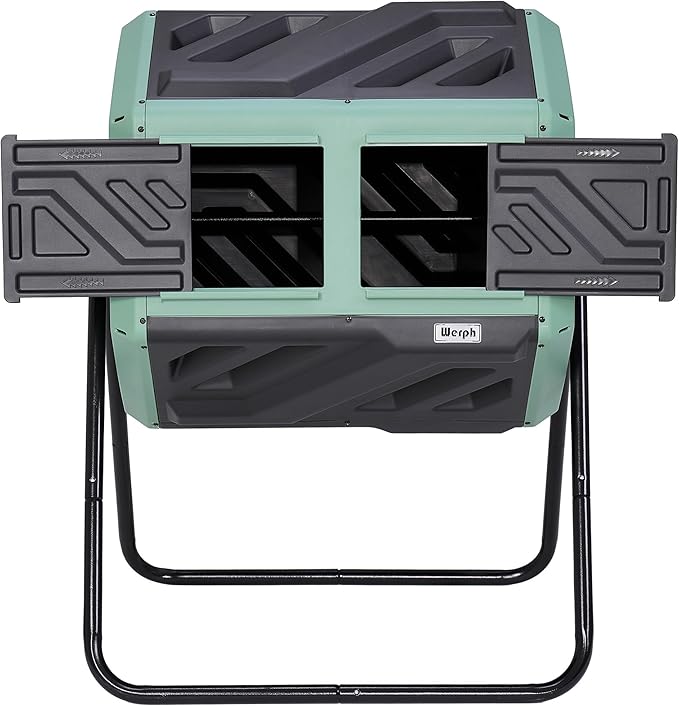 Werph Updated 43 Gallon Dual-Chamber Compost Bin, Fast Assembly Rotating Outdoor Compost Tumbler, Batch Composter with Gloves for Garden, Kitchen, and Yard Waste, Green & Black