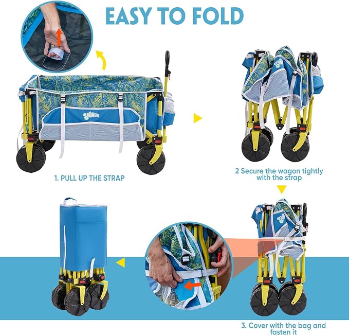 Old Bahama Bay Beach Wagon with Big Wheels for Sand, 330 LBS Heavy Duty Collapsible Beach Cart with Tailgate, Foldable Utility Wagon with Cup Holders & Side Pocket for Camping, Shopping, Garden, Blue