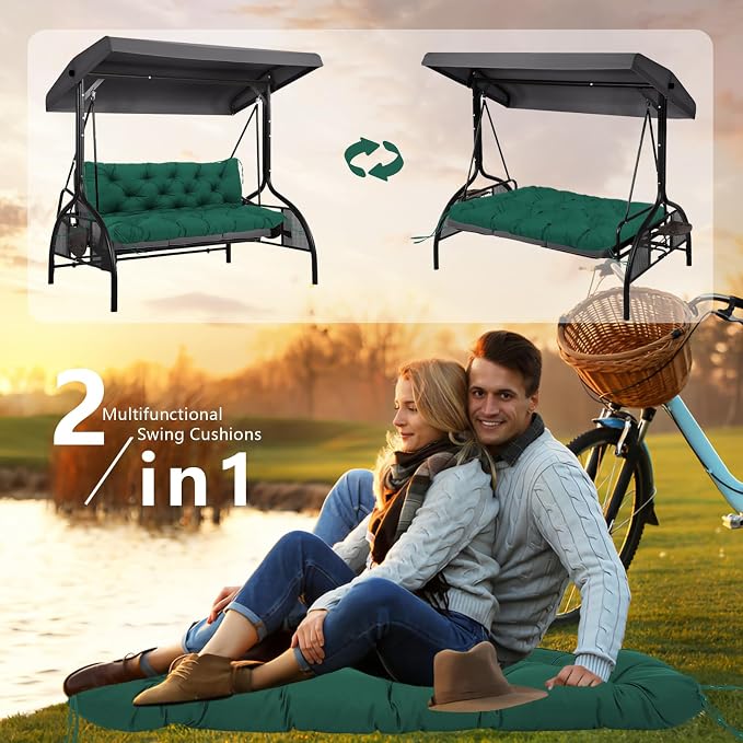Porch Swing Cushions 60x40 Inch, 5" Extra Thick Waterproof Outdoor Swing Seat Cushion with Backrest & 8 Non-Slip Ties PP Cotton + Memory Foam Fill, Fade-Resistant 3-Seater Replacement for Patio Bench