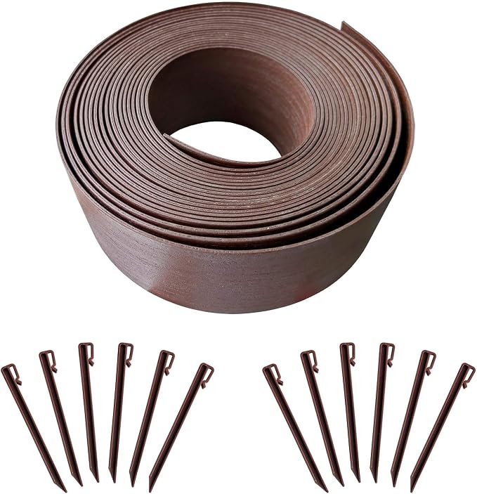 40FT Brown Landscape Edging Coil Kit 4 Inch High,Terrace Board with 12pcs 10-inch Spikes