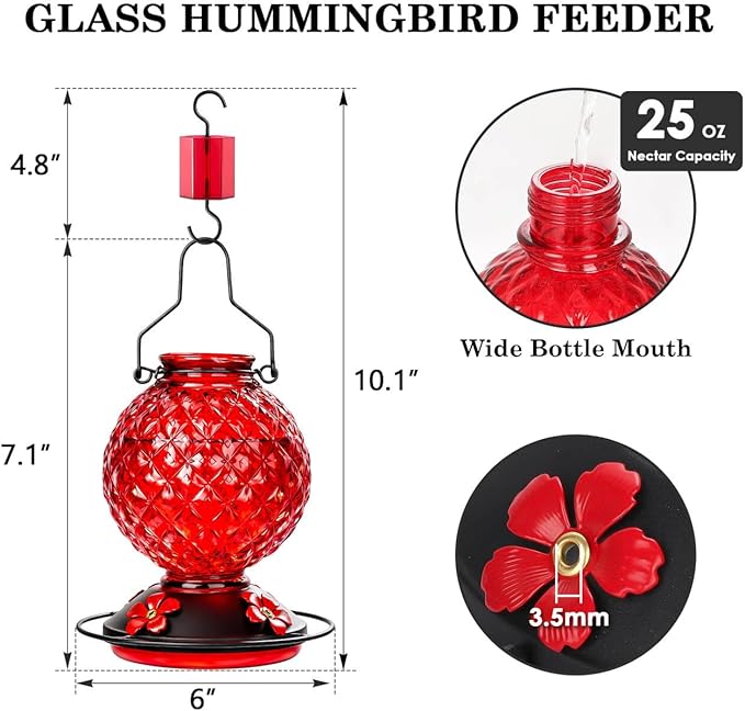Glass Hummingbird Feeder for Outdoors Hanging, 2 Pack 25 OZ Humming Bird Nectar Feeder with 4 Bee Guard Feeding Ports & Built-in Ant Moat, Bird Feeder for Outside, Gifts for Women Mom, Red