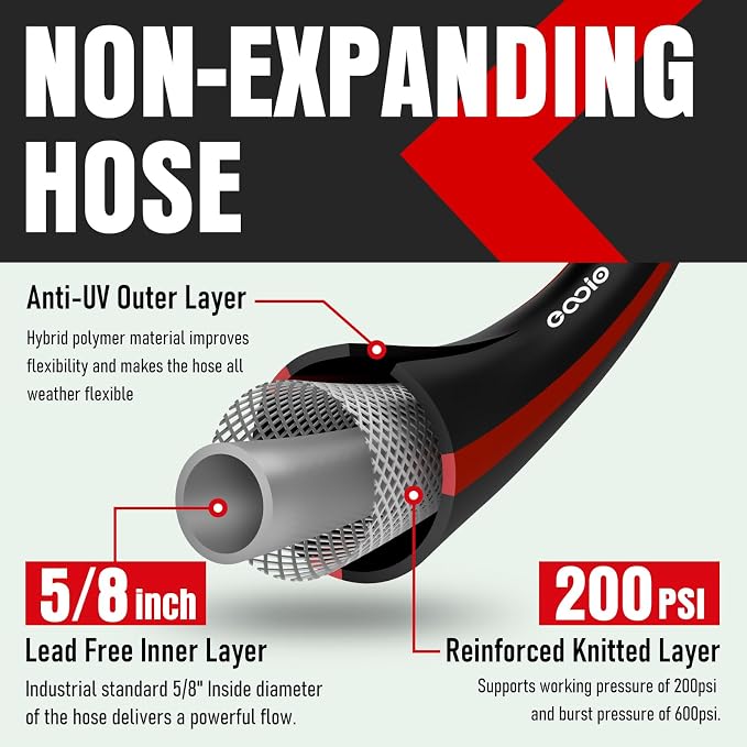 Heavy Duty Garden Hose 50ft, NON-EXPANDABLE Flexible Water Hose, Kink Resistant Lightweight Hybrid Hose, Leakproof Hose Male to Female Fittings