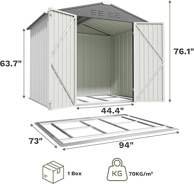 Greesum 8x6FT Outdoor Storage Shed with Base, Utility Tool Shed with Sloping Roof, Metal Storaged Garden Shed with Door & Lock for Patio Storage, White