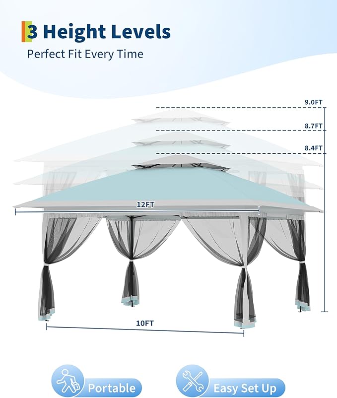 GarveeLife Canopy Tent 12x12 ft, Pop Up Gazebo One-Push Setup with 4 SandBags for Backyard Parties and BBQs, Mosquito Netting & Height Adjustable - Lake Blue