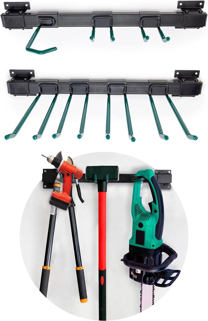 IDL Packaging Industrial Grade 48" Garage Tool Organizer with 6 Hooks and 1 Cart/Bike Rack, 500 lbs Total Holding Weight - for Repair Shops, Warehouses, Storages, and Garages