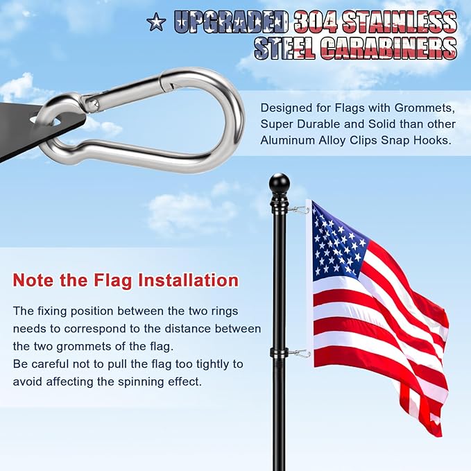 Flag Pole for Outside House Porch Wall Mount, REERON 7 FT No Tangle Stainless Steel Spinning Flagpole Kit with 360° Rotating 1" Metal Flag Pole Rings Clips for 3x5' 4x6' American Flag, Without Bracket
