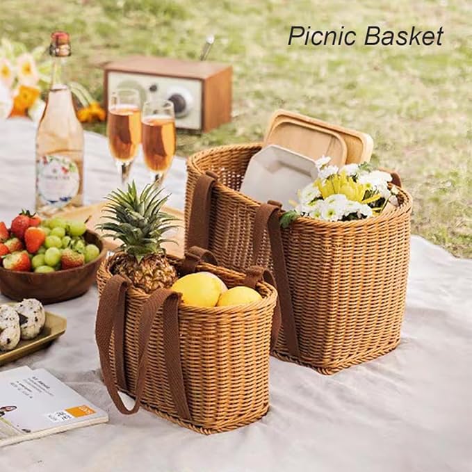 Picnic Basket, Garden Harvest Basket, Wicker Shopping Baskets with Cloth Handles, Reusable Handwoven Market Baskets for Carrying Shopping Storage Gathering (Brown)