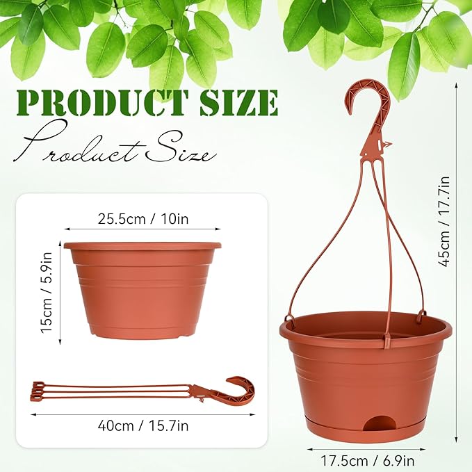 Roshtia 20 Pcs 10 Inch Hanging Baskets for Plants Large Plastic Hanging Basket Pots with Drainage Trays Self Watering Planter Pots for Outdoor Indoor Plants Flowers Garden Balcony (Brown)
