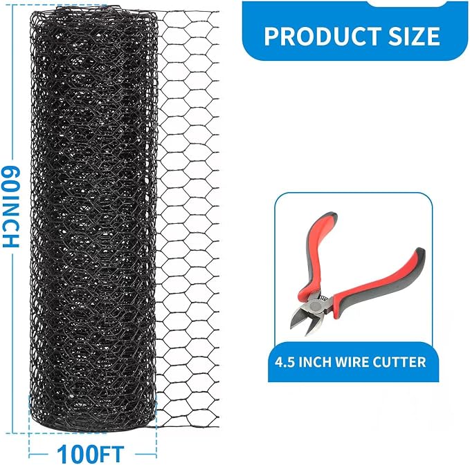 60'' x 100' Black Chicken Wire Mesh Fence, 15 Gauge Poultry Netting and 2 inch Mesh Fence Roll, Chicken Wire for Floral Arrangements/Crafts/Farm/Livestock/Pet Protection