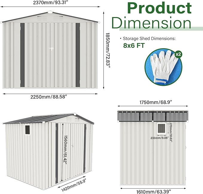 8x6FT Metal Storage Shed Outdoor Garden Tool Shed, Galvanized Steel Weather Resistant Backyard Organizer with Lockable Door, Waterproof Utility Storage House for Patio Courtyard Equipment Storage