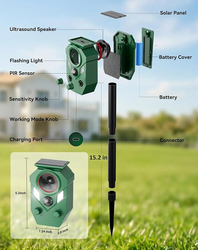 Solar Ultrasonic Animal Repellent Outdoor, Motion Activated Deer Repellent Devices with Flashing Lights, Waterproof Cat Repellent Outdoor, Repels Dog, Raccoon, Coyote for Garden & Lawn (2, Green)