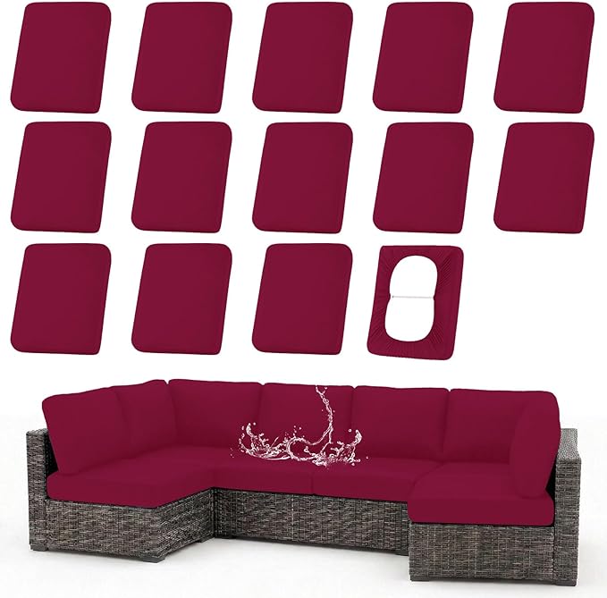 hyha Waterproof Outdoor Cushion Covers for Patio Furniture, Stretch Patio Chair Cushion Slipcovers, Coated UV Resistant Replacement Seat Covers, Solid Color (Wine Red, 14PC)