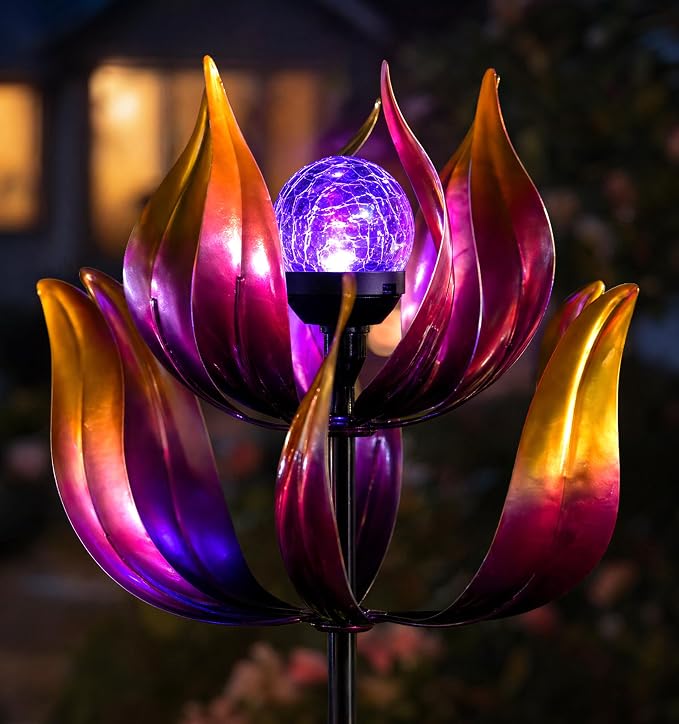 Solar Wind Spinner Outdoor Metal Decor - 61" Tall Lotus Kinetic Yard Art with Color-Changing Crackle Glass LED Light, Dual-Directional Wind Catcher Lawn Ornament for Garden, Patio & Yard Gift