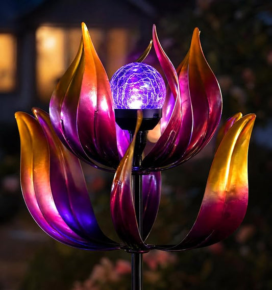 Solar Wind Spinner Outdoor Metal Decor - 61" Tall Lotus Kinetic Yard Art with Color-Changing Crackle Glass LED Light, Dual-Directional Wind Catcher Lawn Ornament for Garden, Patio & Yard Gift