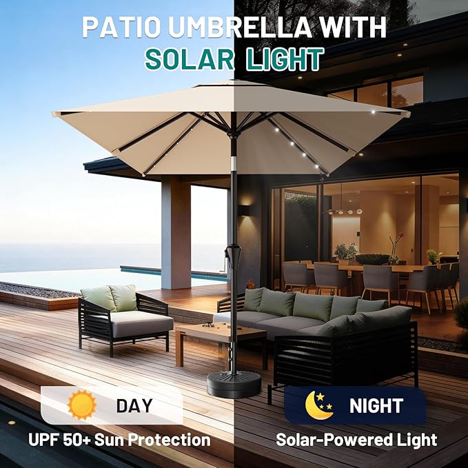 AreShark 6.5' x 10' Rectangular Patio Umbrella with Solar Lights, Solar Powered Lighted Market Umbrella w/Tilt and Crank, Outdoor Table Umbrella for Garden, Deck, Backyard, Pool and Beach, Beige