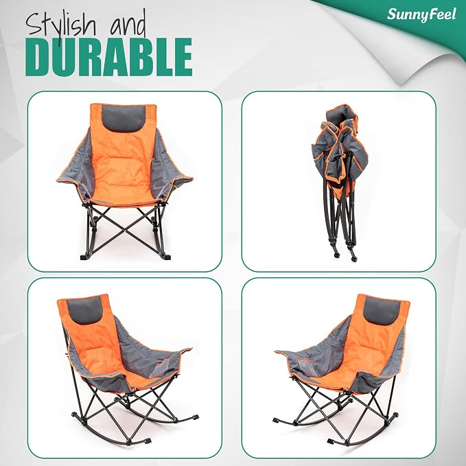 SUNNYFEEL Oversized Heated Rocking Camping Chair 2 Pack, Fully Padded Patio Chair with Side Pocket, High Back Portable Lawn Recliner with Carry Bag, Outdoor Rocker Chair for Adults Heavy Duty 500 LBS
